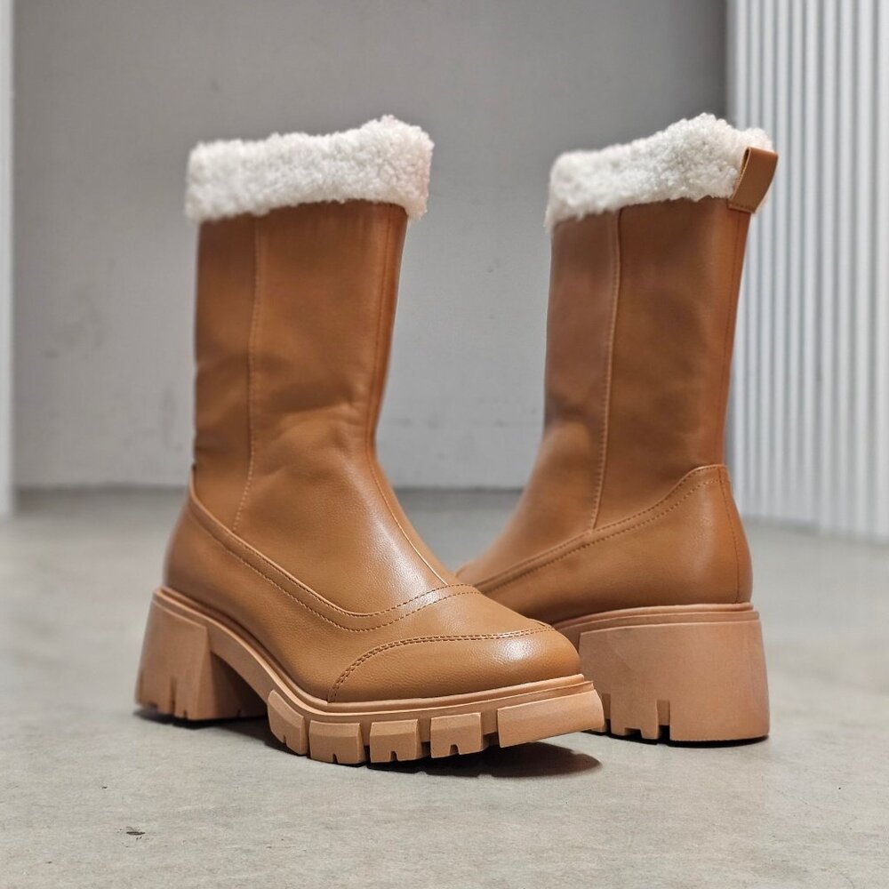 Womens Tan Faux Leather Mid-Calf Boots With Chunky Sole & Faux Shearling Trim - Picture 4 of 6